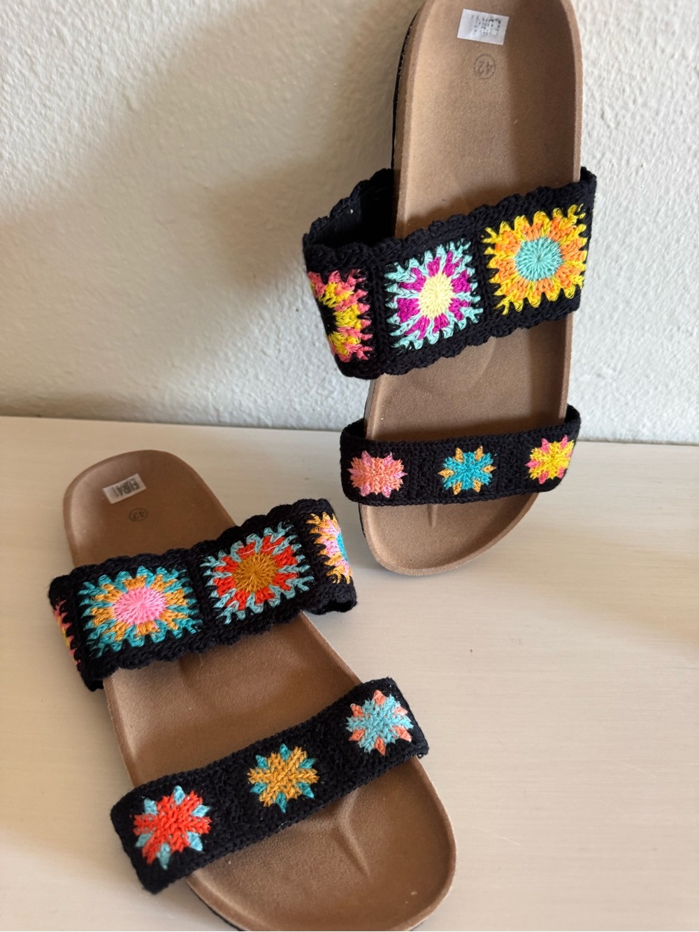 Kids Black Crochet Double-Strap Slide Sandals with Multicolor Accents